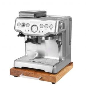 Rollbrett Kaffeemaschine_Eiche_dick_Edelstahl_eckig_mit_Maschine