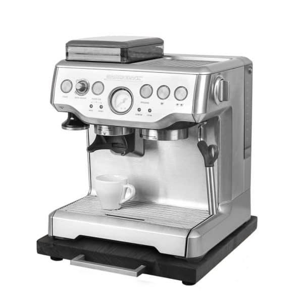 Rollbrett Kaffeemaschine_Schwarz_dünn_Edelstahl_eckig_mit_Maschine