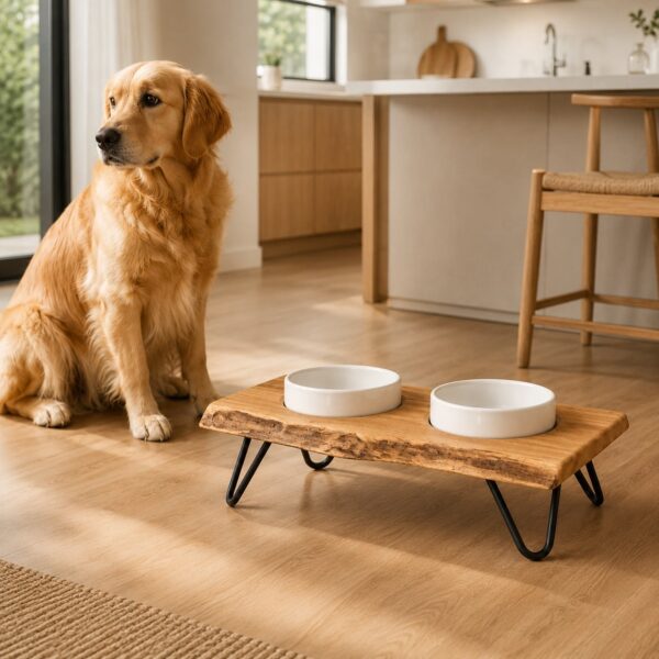 Baumkanten-Futterstation-Hund-Holz-Keramiknaepfe
