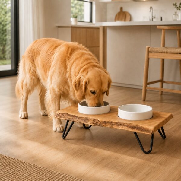 Rustikale-Futterstation-Hund-Holz-Keramiknaepfe