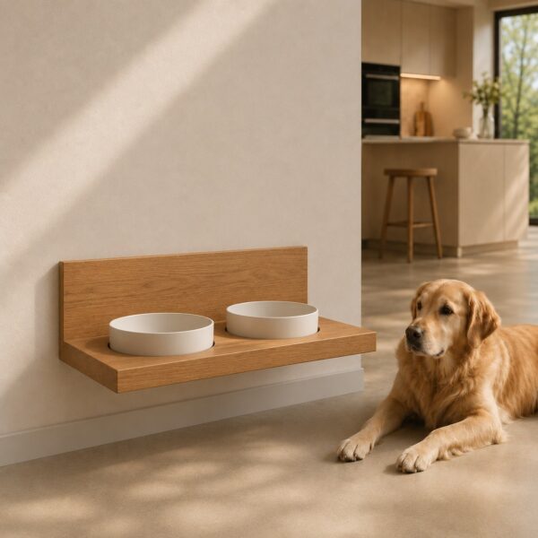 Wandmontierte-Futterstation-Hund-Holz-Keramiknaepfe