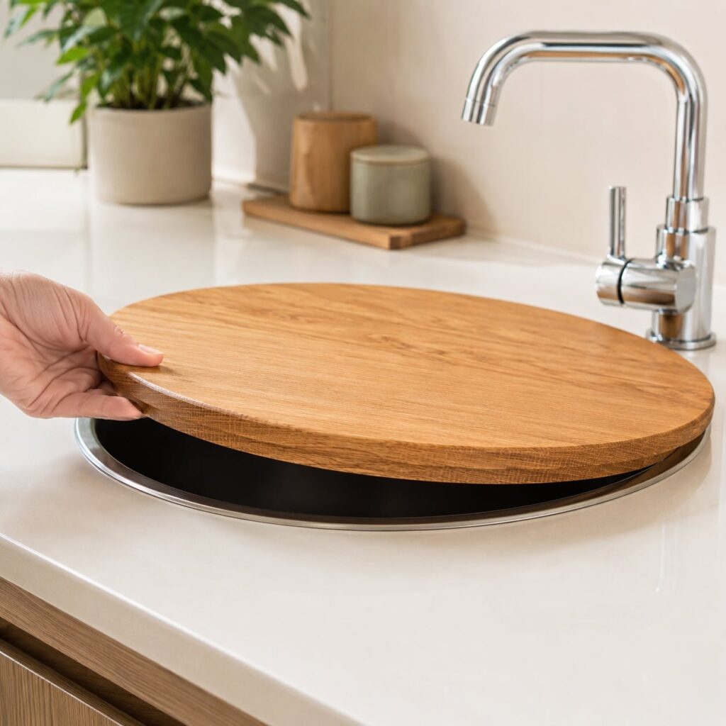 Spülbeckenabdeckung rund aus Holz – passgenau für runde Spülen 1 Spülbeckenabdeckung Rund Aus Holz – Passgenau Für Runde Spülen