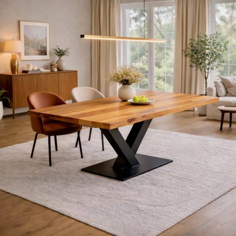 Birnbaum_Esstisch_Massivholz_V-Gestell