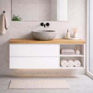 Waschtisch_Unterschrank_Weiß_Ein_Waschbecken_Mit_Offenen_Regal