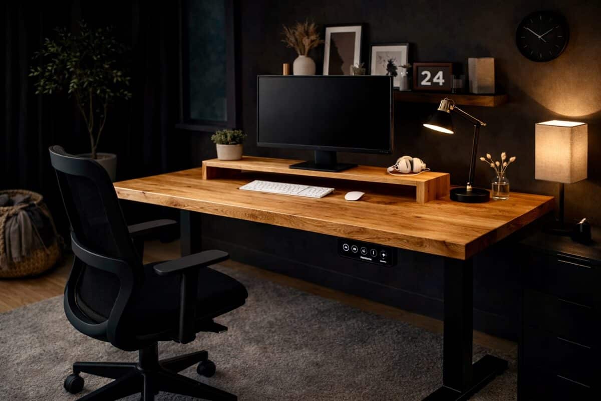 Monitorständer_Schreibtisch_Eiche_Flexispot_E7