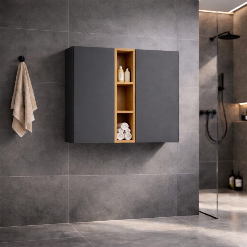 Badschrank_Doppeltür_Graphitgrau_Mit_Eichenregal