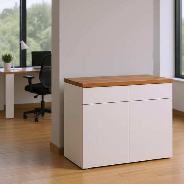 Büroschrank Highboard Kommode-Weiß-Mit-Eichen-Abdeckplatte