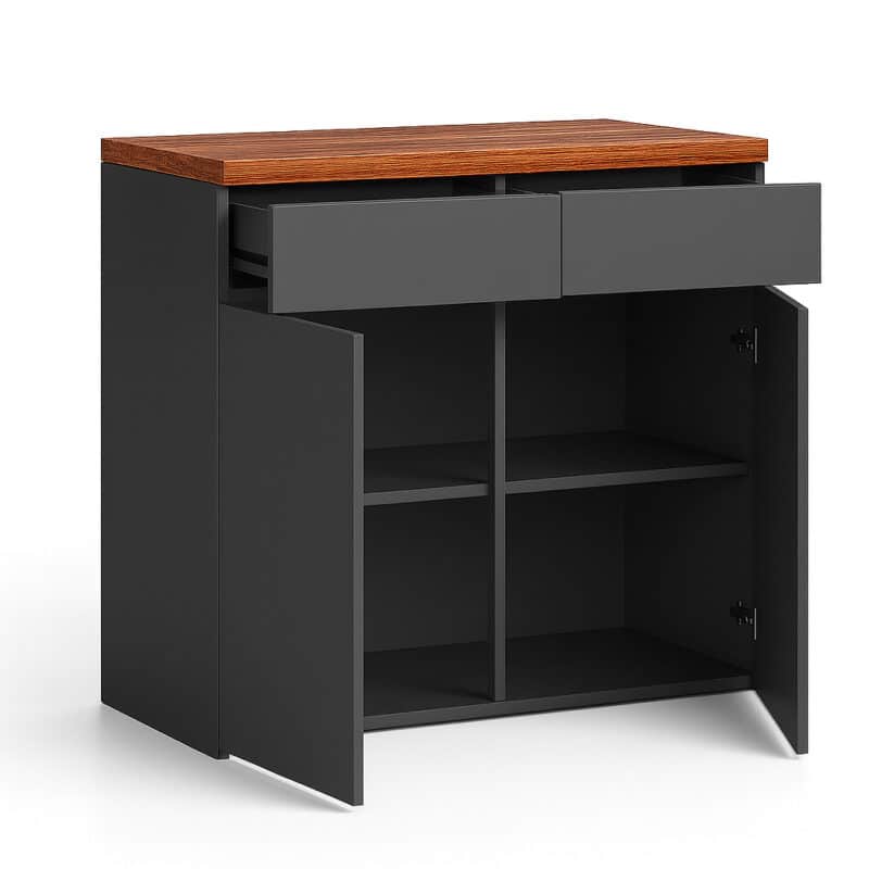 Design Büroschrank grau geöffnet mit Türen und Schubladen
