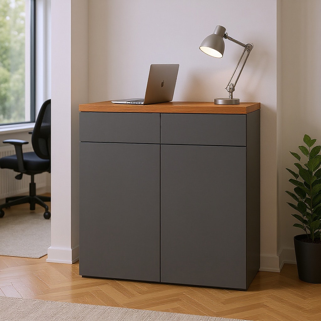 Design Büroschrank Grau Highboard Mit Eiche Massivholzplatte
