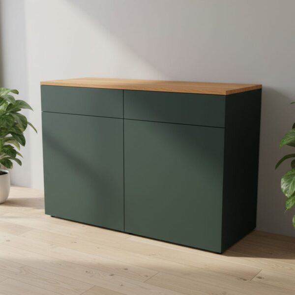 Büroschrank-Highboard-Grün-Mit-Eiche-Abdeckplatte