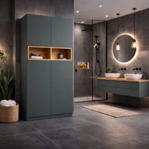 Badschrank-Doppelschrank-Mit-Holz-Inlay-Eiche_Steingrün