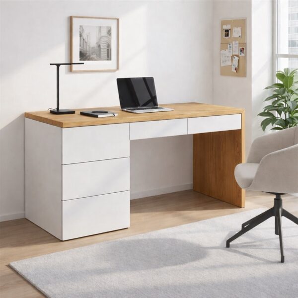 Weiß_Design-Massivholz-Schreibtisch-Mit-Schubladen-Homeoffice-Gesamtansicht