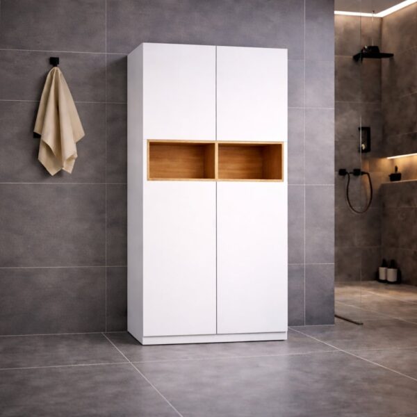 Badschrank_Stehend_Weiß_Mit Offenen Regal