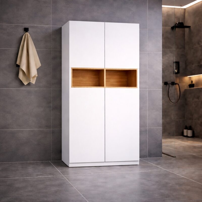 Badschrank_Stehend_Weiß_Mit Offenen Regal