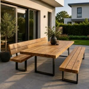 Esstisch_für_den-Garten_aus_Eichenbalken