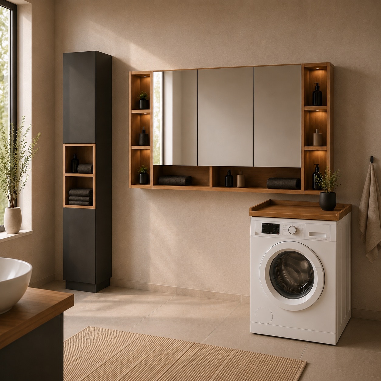Minimalist Badezimmer mit Holzdetails