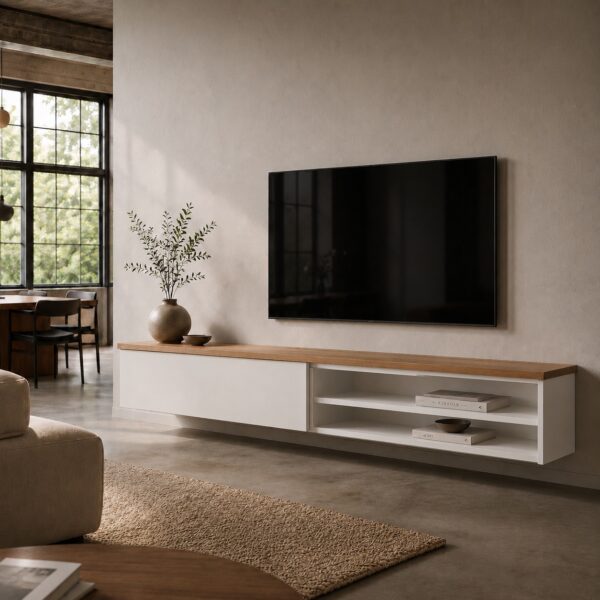 weisses-sideboard-mit-schiebe­tuer-und-eiche